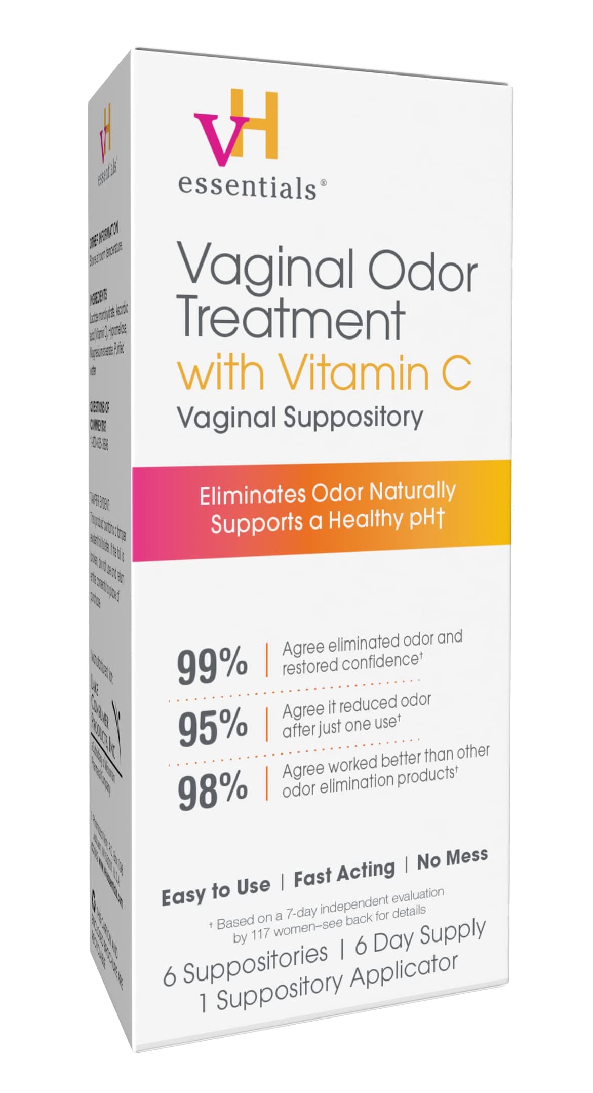 Vaginal Odor Treatment with Vitamin C, Boric Acid Suppositories Alternative, Supports Balanced pH, Eliminates Naturally, Suppositories, 6 w/Applicator, White