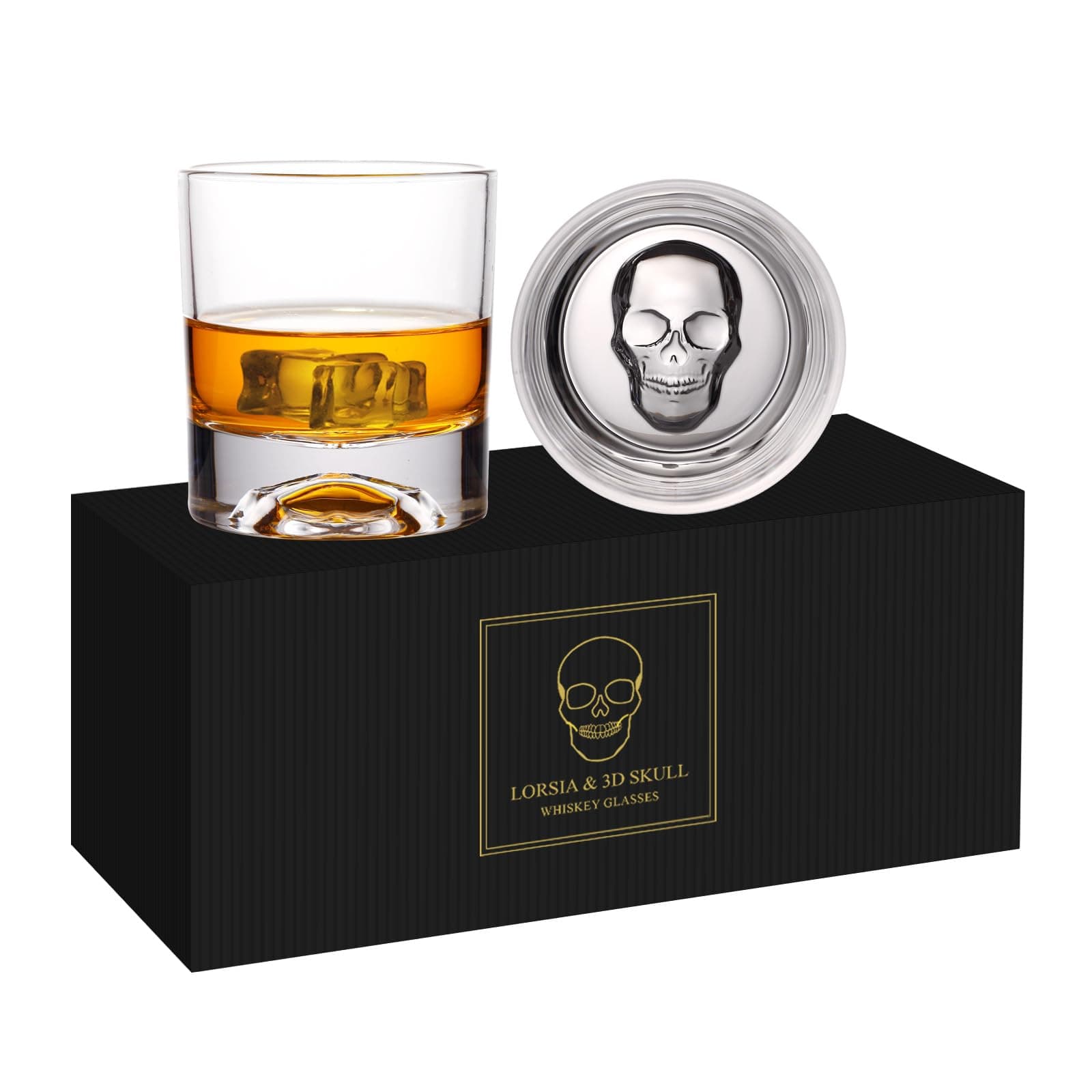 Hand Blown Crystal Skull Whiskey Glasses, Set of 2 Bourbon Glasses In Gift Box - 10 Oz Old Fashioned Glasses for Scotch, Cocktail, Rum - Perfect Gifts for Halloween, Christmas, Thanksgiving for Men
