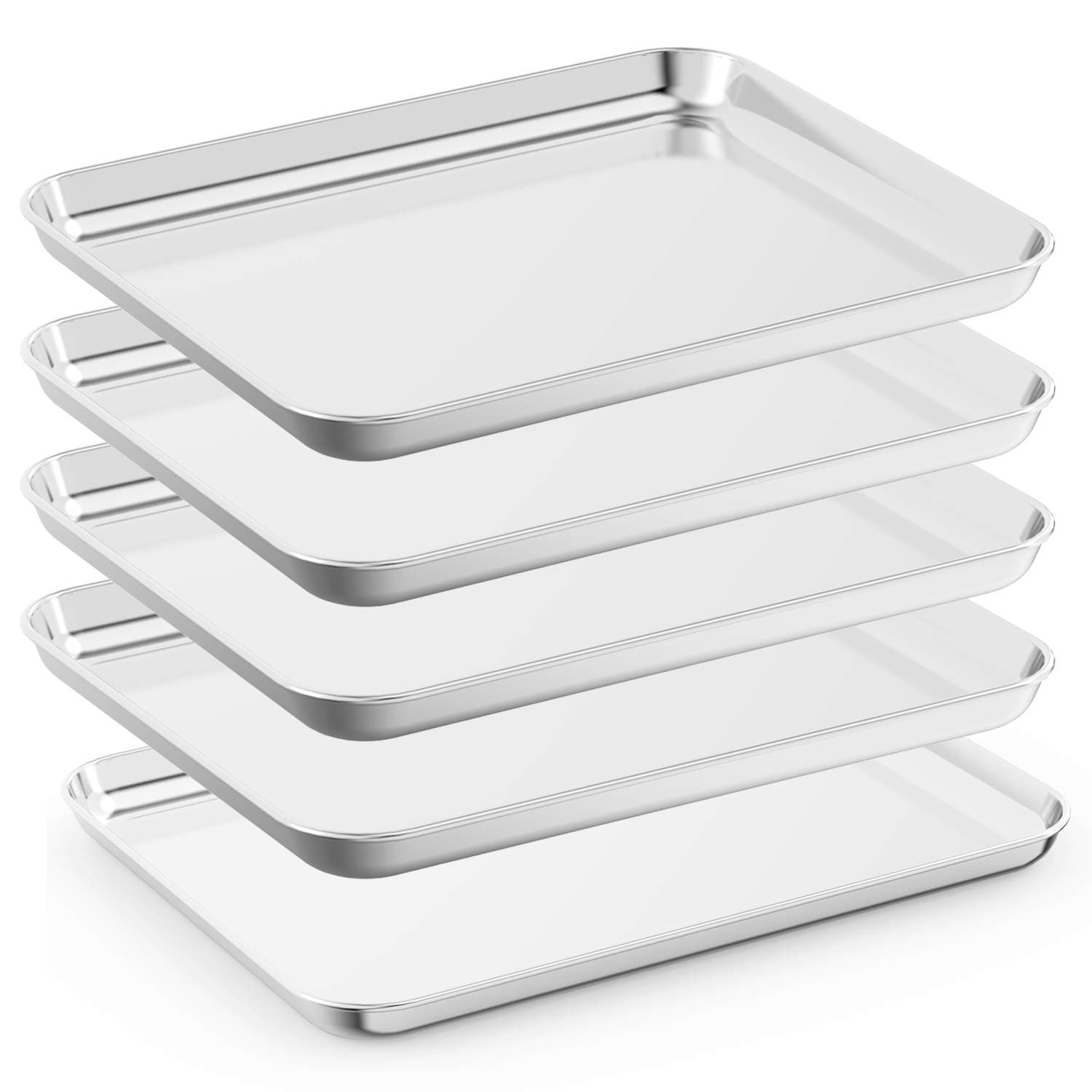 BastweBaking Sheet Set of 5, Stainless Steel 5 Piece Cookie Sheet, Toaster Oven Baking Pan Set, Rectangle Size 16 x 12 x 1 inch, Healthy, Mirror Finish, Rust Free, Dishwasher Safe