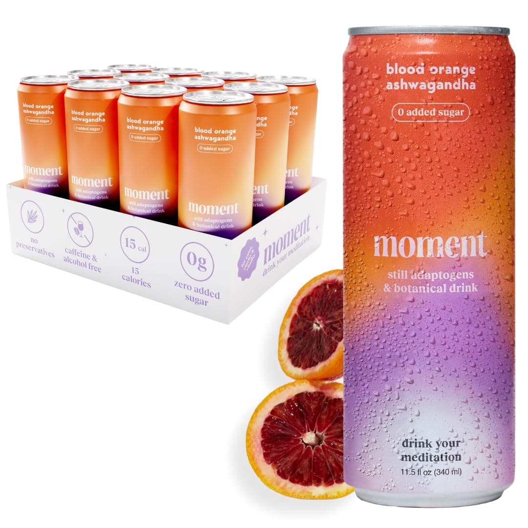 Moment Adaptogen Drink (Shark Tank) - Still Blood Orange Ashwagandha. Contains L-Theanine and Ashwagandha for Focus & Stress Relief. 0 Added Sugar. 15 Calories. Alcohol & Caffeine Free. No