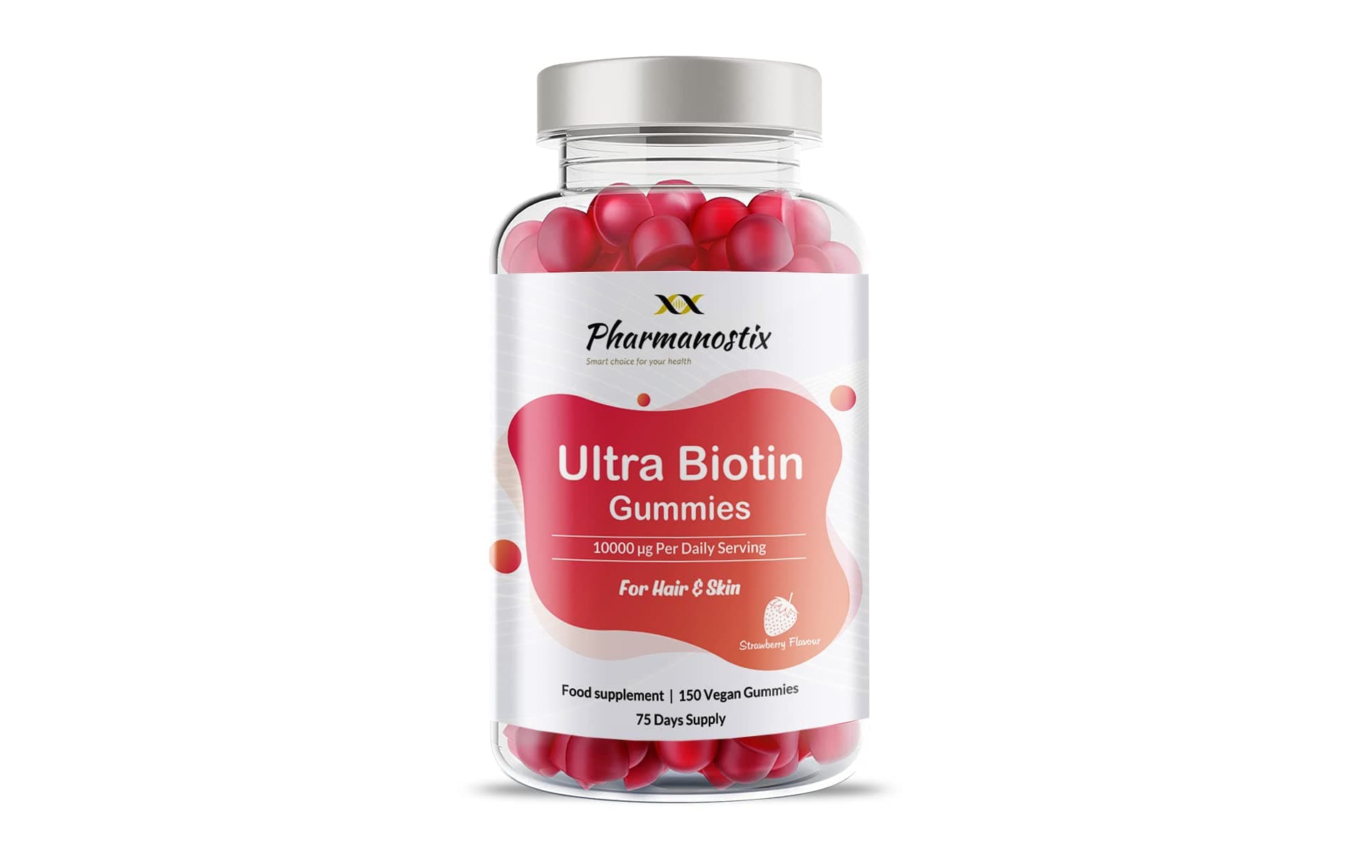 Ultra Biotin 5000mcg Vegan Gummies - 10000mcg Per Daily Dose - for Hair, Skin and Nail Growth Support - 150 Natural Strawberry Flavour - 75 Days Supply - for Men and Women