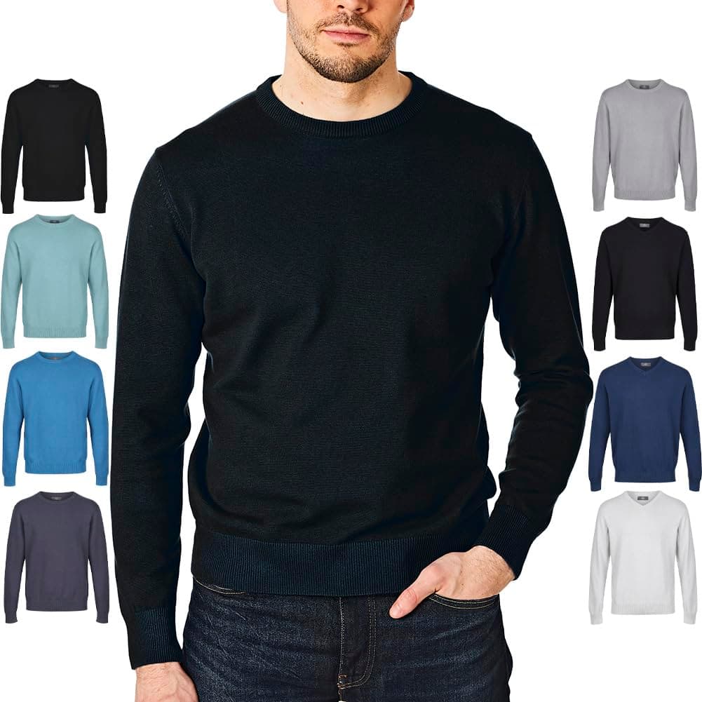 Men’s 100% Cotton Knitted Jumper, Soft Crew Neck or V-Neck Pullover Sweater, Lightweight Classic Everyday Casual Knitwear