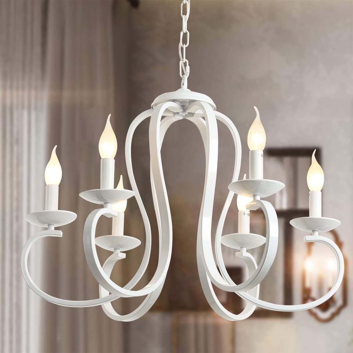 Ganeed French Country Chandelier Candle Style Chandeliers Vintage Metal Pendant Chandelier Ceiling Pendant Lighting Fixture for Dinner Table Island Kitchen Living Room White 6 Lights