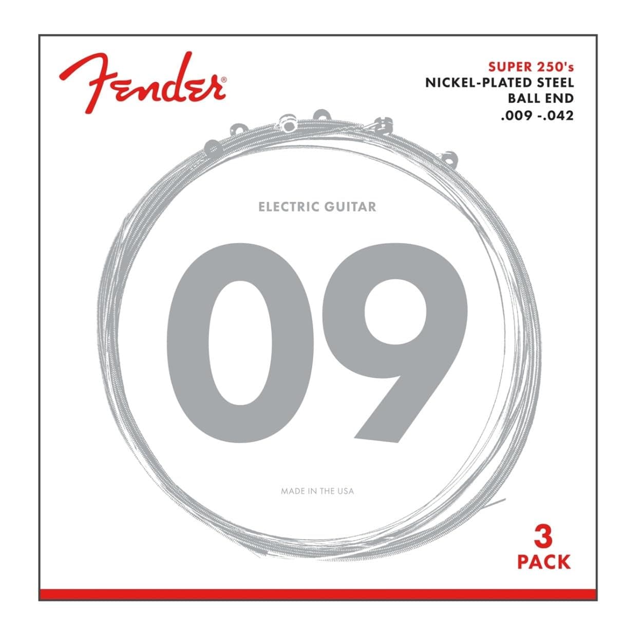 Fender Super 250 Electric Guitar Strings, Nickel Plated Steel, Ball End, 250L .009-.042, 3-Pack