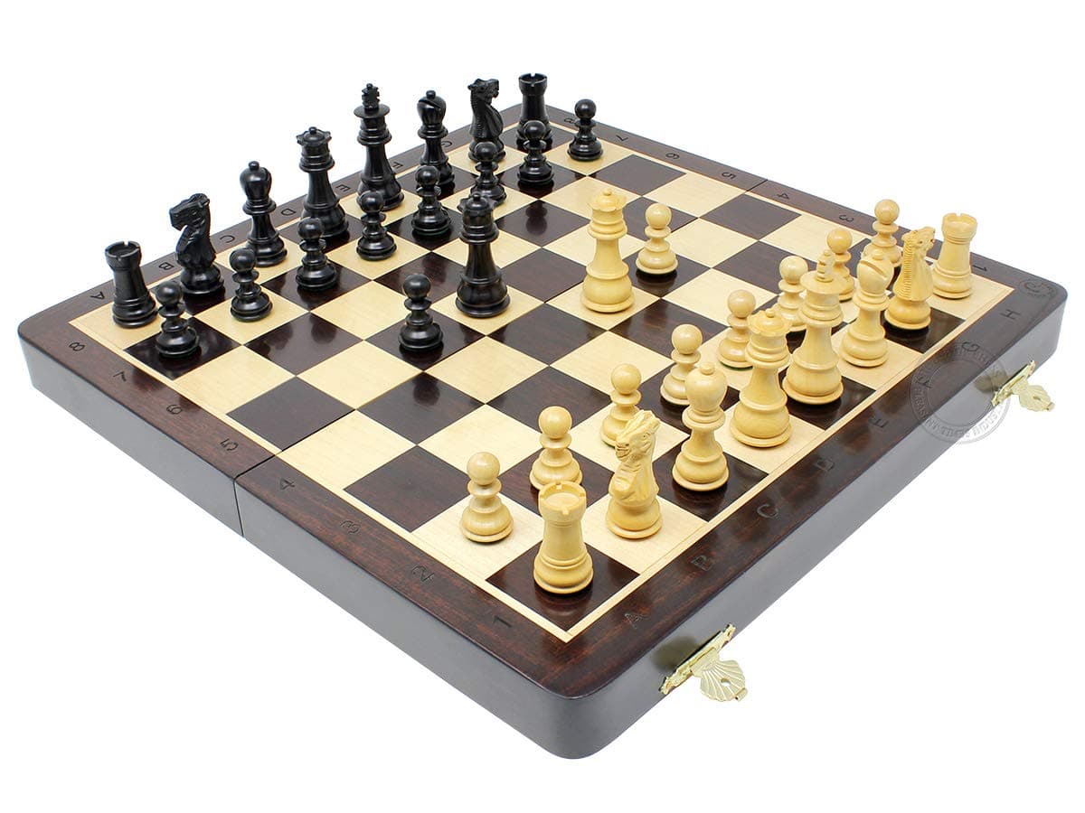 House of Chess - Wooden Folding Chess Set/Board - 14" in Ringy Rosewood with Galaxy Staunton Chess Pieces in Ebony Wood - King Height - 2.75" - Weighted + 2 Extra Pawns & Queens + Algebraic Notation