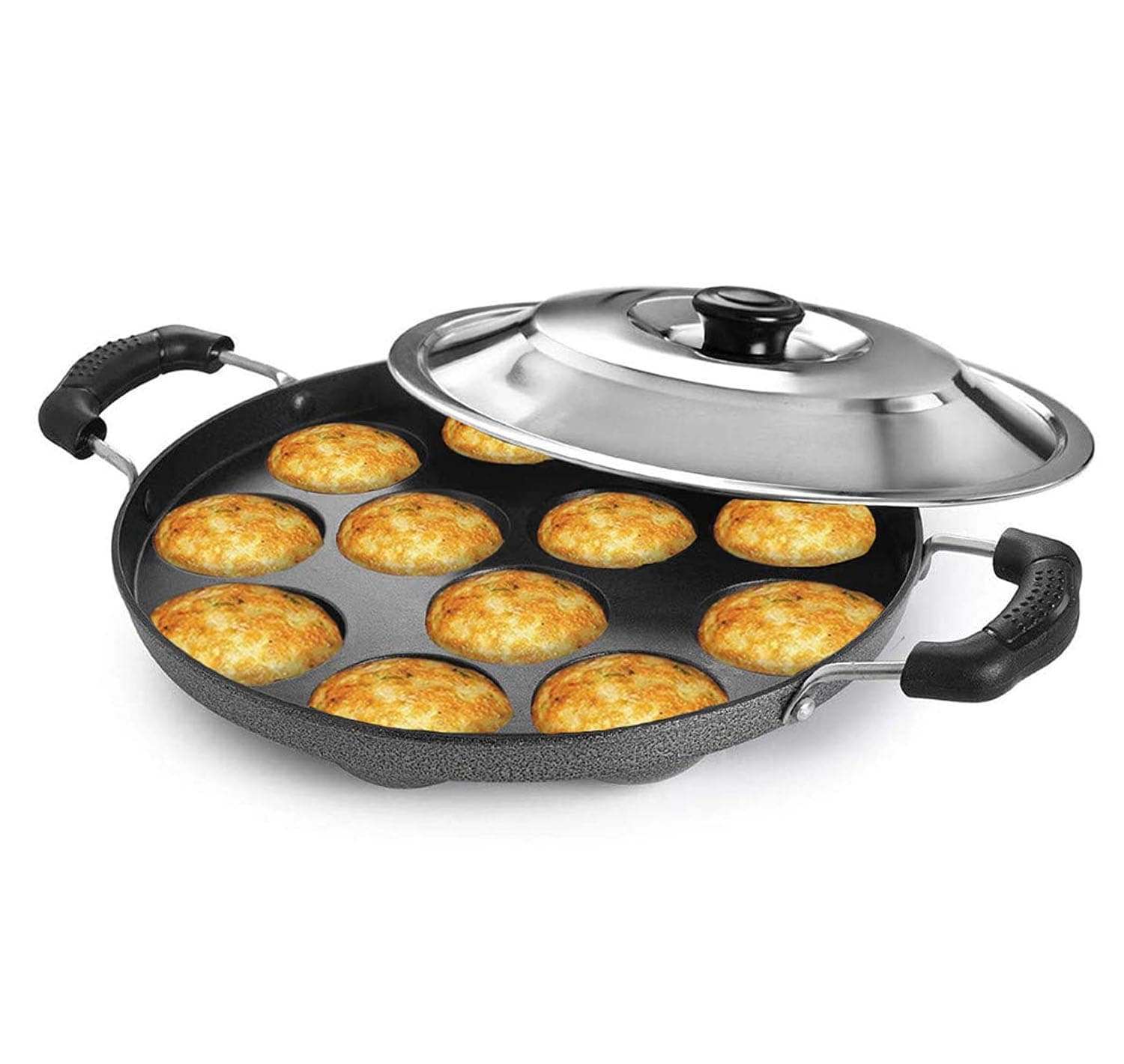 AADHIK Appam Pan With Lid - 12 Cavity Maker, Non-Stick Aluminium Chatty/Kadai, Grey