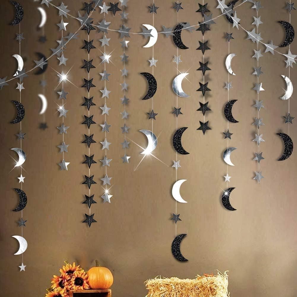 Cheerland Black Silver Moon Garland Twilight Birthday Decoration Star Streamer Gothic Party Decor Garland Ramadan Eid Mubarak Glitter Banner Celestial Wedding Baby Shower Halloween Summerween Decor