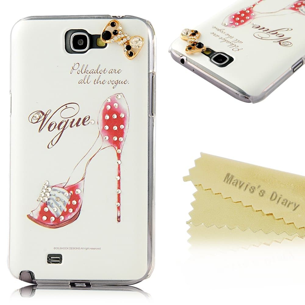 Note 2 Case, Galaxy Note 2 Case - Mavis's Diary 3D Handmade Bling Crystal High Heels Sparkle Glitter Diamond Bow Rhinestone Case Hard Cover for Samsung Galaxy Note 2 N7100 I605 L900 I317 T889 T-Mobile Version with Soft Clean Cloth (One Case)