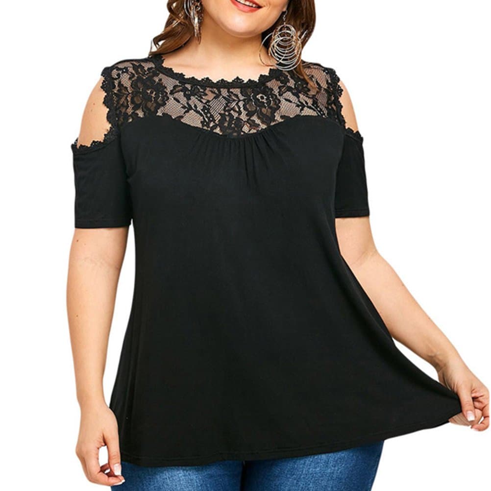 Casuary Women Cold Shoulder Strapless Lace Patchwork Blouse Lady Elegant Plus Size
