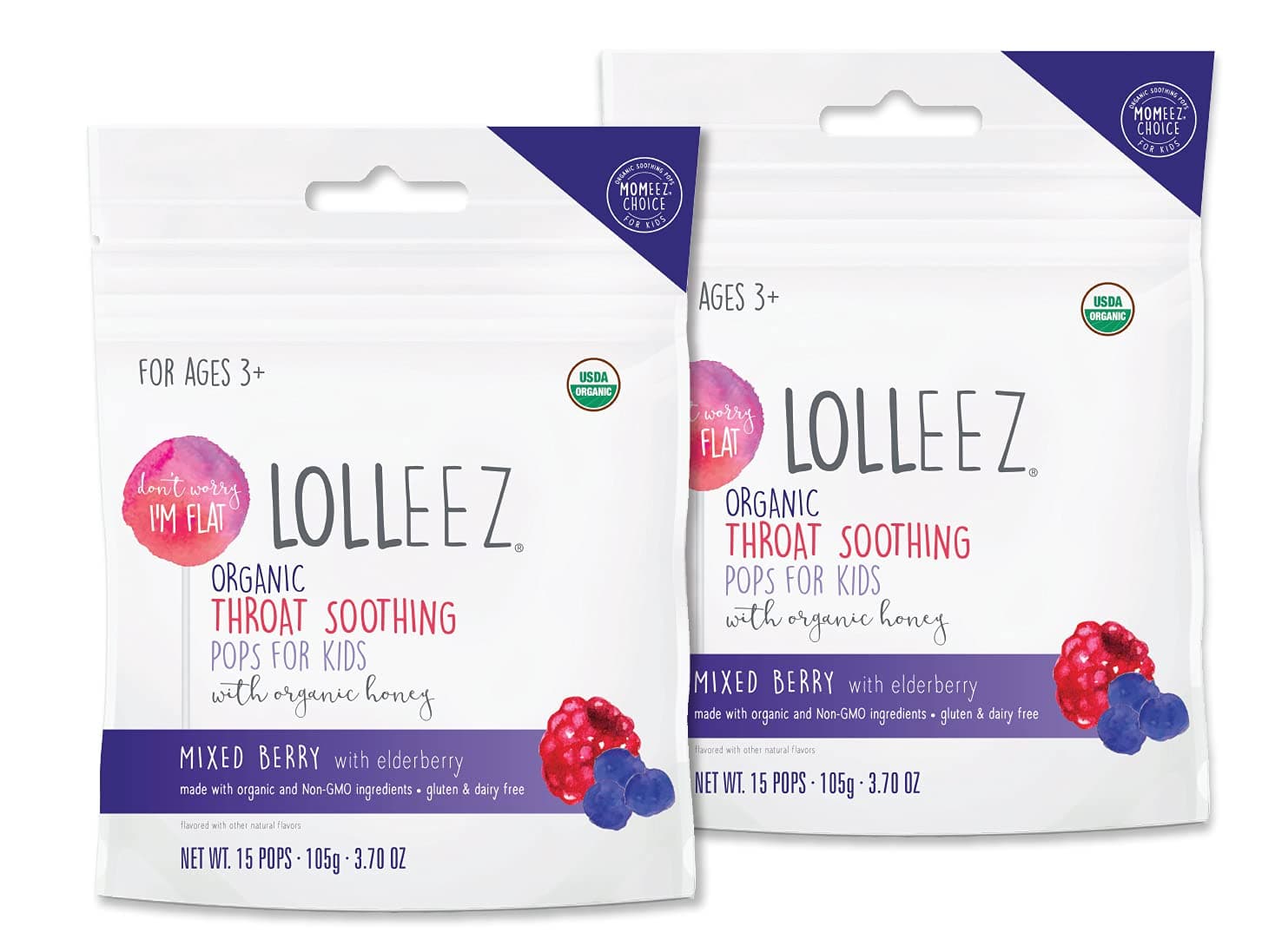 Lolleez Organic Lollipops for Sore Throat Relief – Perfect for Soothing A Sore Throat While Tasting Great – Mixed Berry with Elderberry, 2-Pack (15-Count Bags, 30 Total)