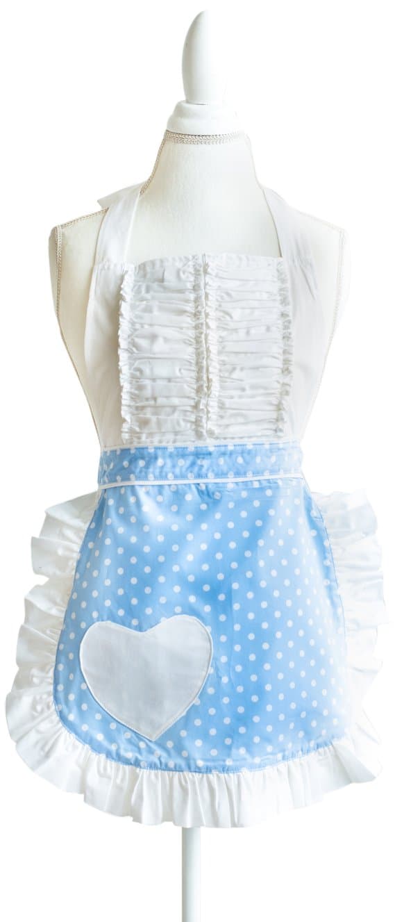 50s Style Vintage Darling Polka Dot Apron in Baby Blue, One Size