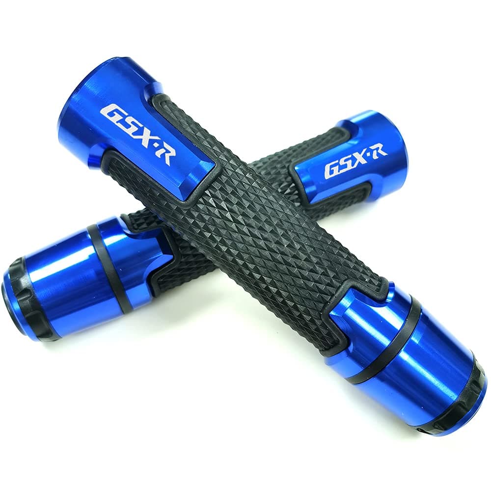 Blue Aluminum Motorcycle 22mm Engraved Handle Bar Rubber Gel Hand Grips CNC With Bar End 7/8" Compatible with Suzuki GSXR GSX-R 125 150 600 750 1000 1300 Hayabusa