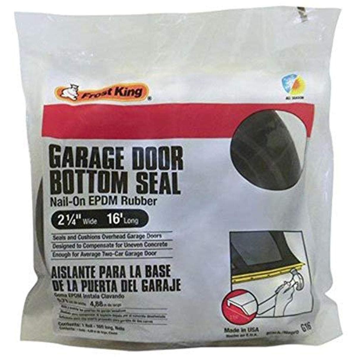 G16H Nail-On Rubber Garage Door Bottom Seal, 2-1/4-Inch by 16-Foot, Black