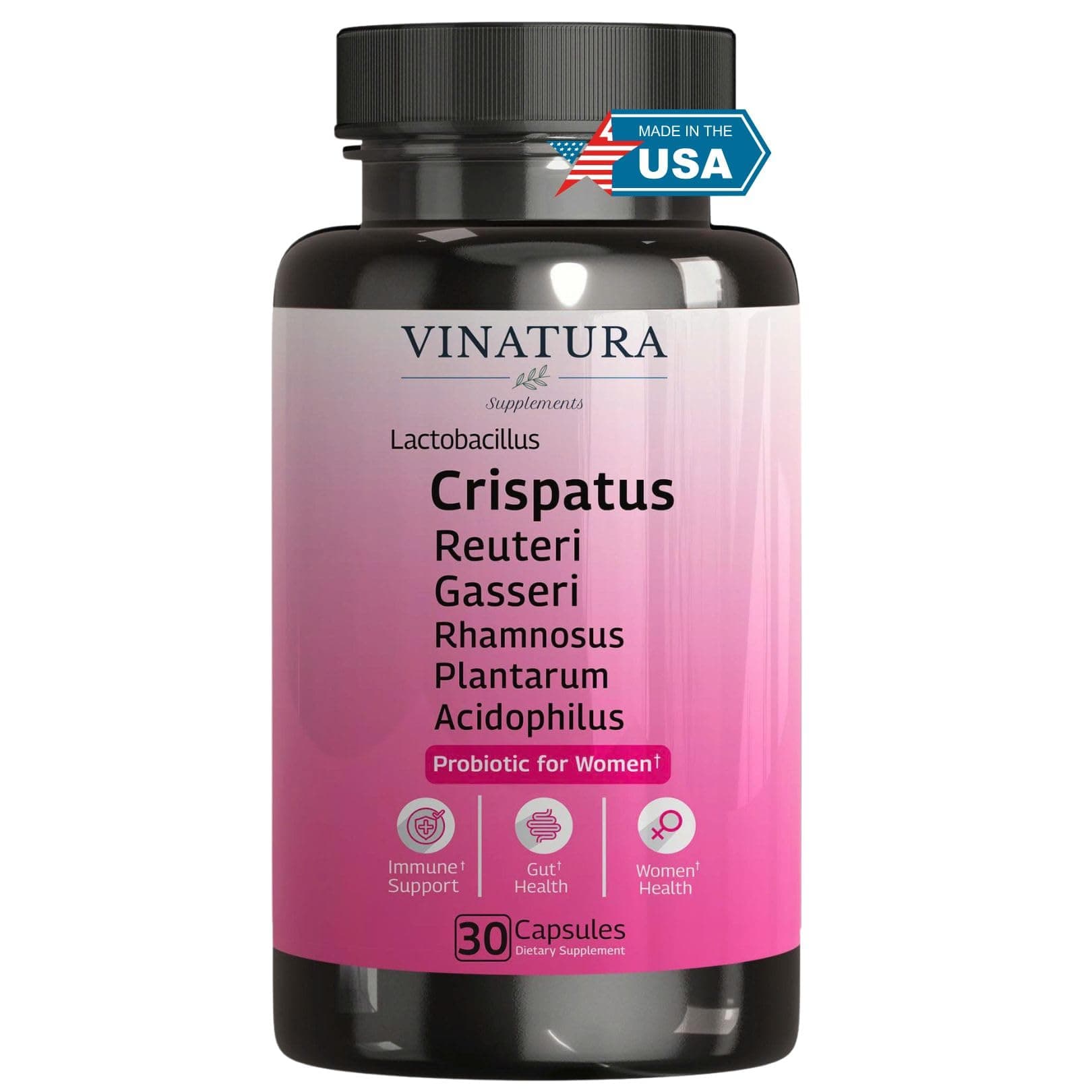 VINATURA Lactobacillus Rhamnosus, Reuteri, Gasseri, Plantarum, Crispatus, Acidophilus Probiotics - Probiotics for Women *USA Made & Tested* Women Vaginal Health, Gut and Digestive Health - 30 Capsules