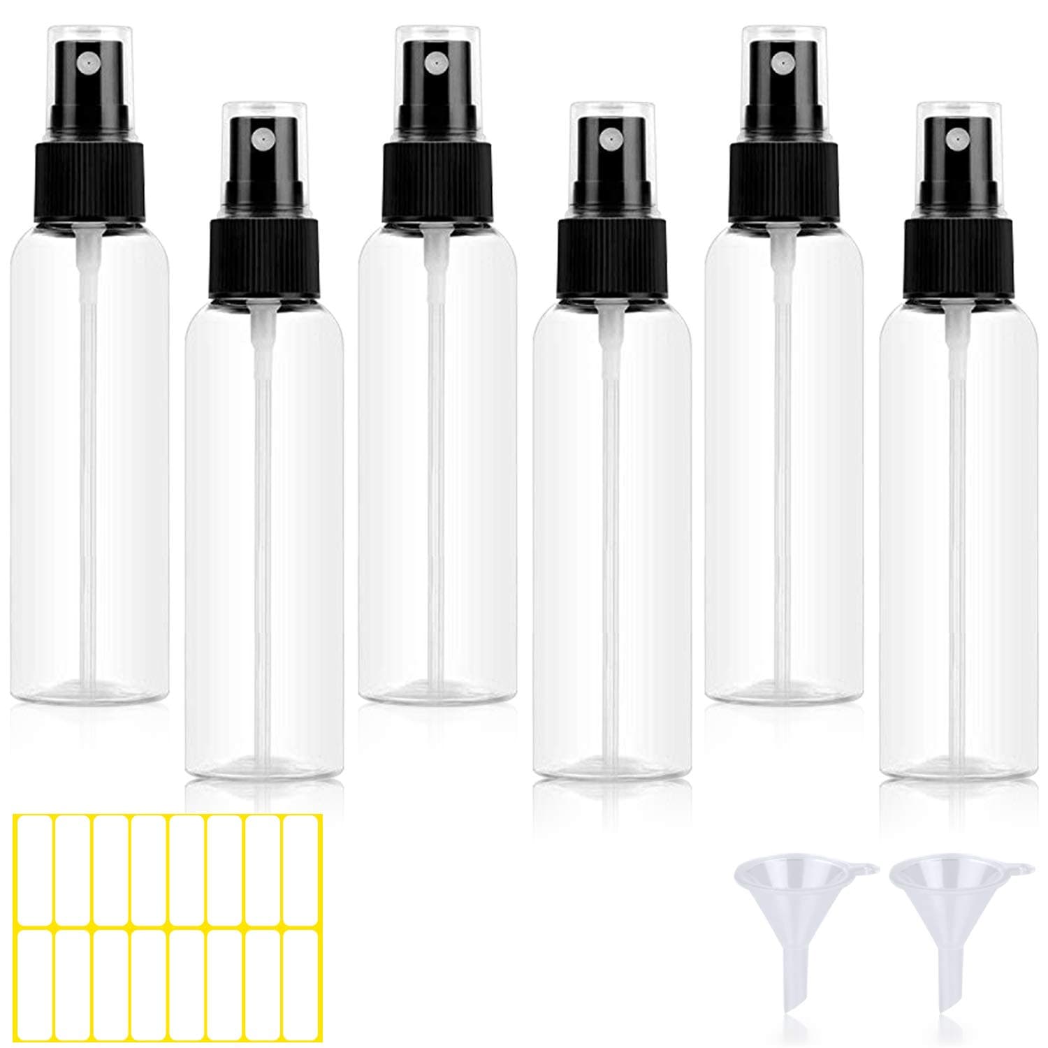 Spray Bottles, 100ml Empty Atomiser Spray Bottle Set, Small Plastic Mist Spray Bottles Refillable Travel Perfume Atomiser, Transparent Liquid Container with Funnels and Label, 6pcs