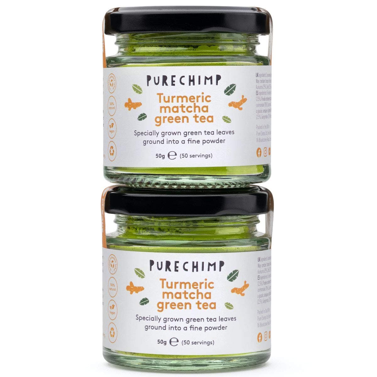 Matcha Tea Powder by PureChimp | Regular/Lemon/Mint/Turmeric 50g Jars [Packs of 2] Duos | Ceremonial Grade from Japan | All Natural & Vegan | Pesticide-Free (2 x Turmeric)