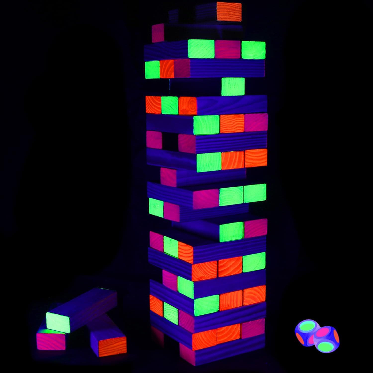 54 Piece Glow Tumble Tower Board Games, Glow in The Blacklight Tumble Tower, Indoor/Outdoor Board Game for Adults for Family Game Night