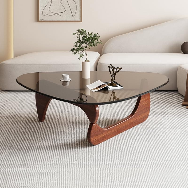 Triangle Coffee Table Modern Noguchi End Table, Solid Wood Base and 8mm Thick Tempered Glass Top Accent for Living Room Office Hotel Patio (Walnut Legs + Teal Glass, 32 * 22 * 16)
