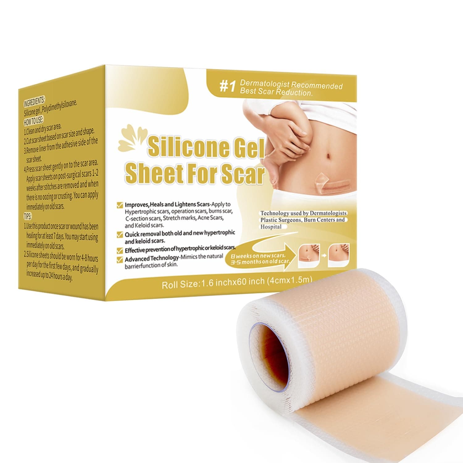 Silicone Scar Sheets [1.6" x 60"], Professional Reusable Scar Removal Roll Tape, Fast & Effective Scar Removal Sheets for Acne, Keloid, Burns, C-Section