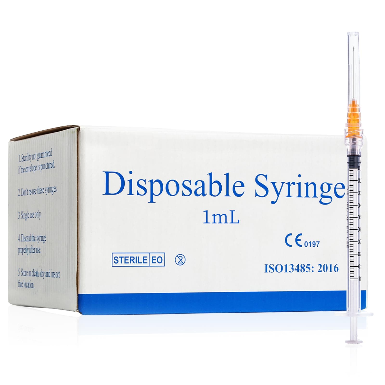 Disposable Syringe 1ml 25Gauge 25mm 1Inch Needle, Individually Wrapped, Pack of 100