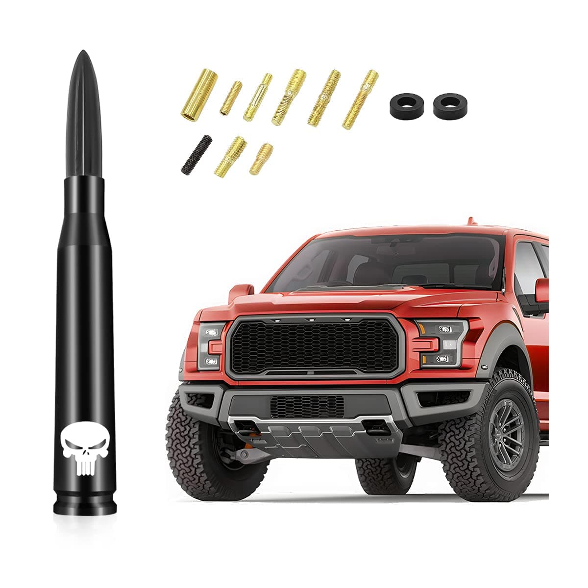 Car Truck Bullet Antenna, 5.5"x0.8" Replacement Short Antenna Mast with Screws Adapter, Skull Design AM/FM Radio Antenna, Automobile Exterior Accessories for Pickup, SUV, Vehicles (Black)