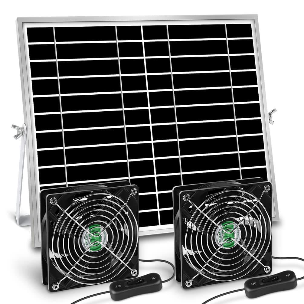 Solar Powered Fan, Solar Fan for Shed, Chicken Coop, Greenhouse, Outside with Two IPX7 Waterproof 5In Fans 13Ft On/Off Switch Cable Exhaust Intake Mounting Way and Installation Kits