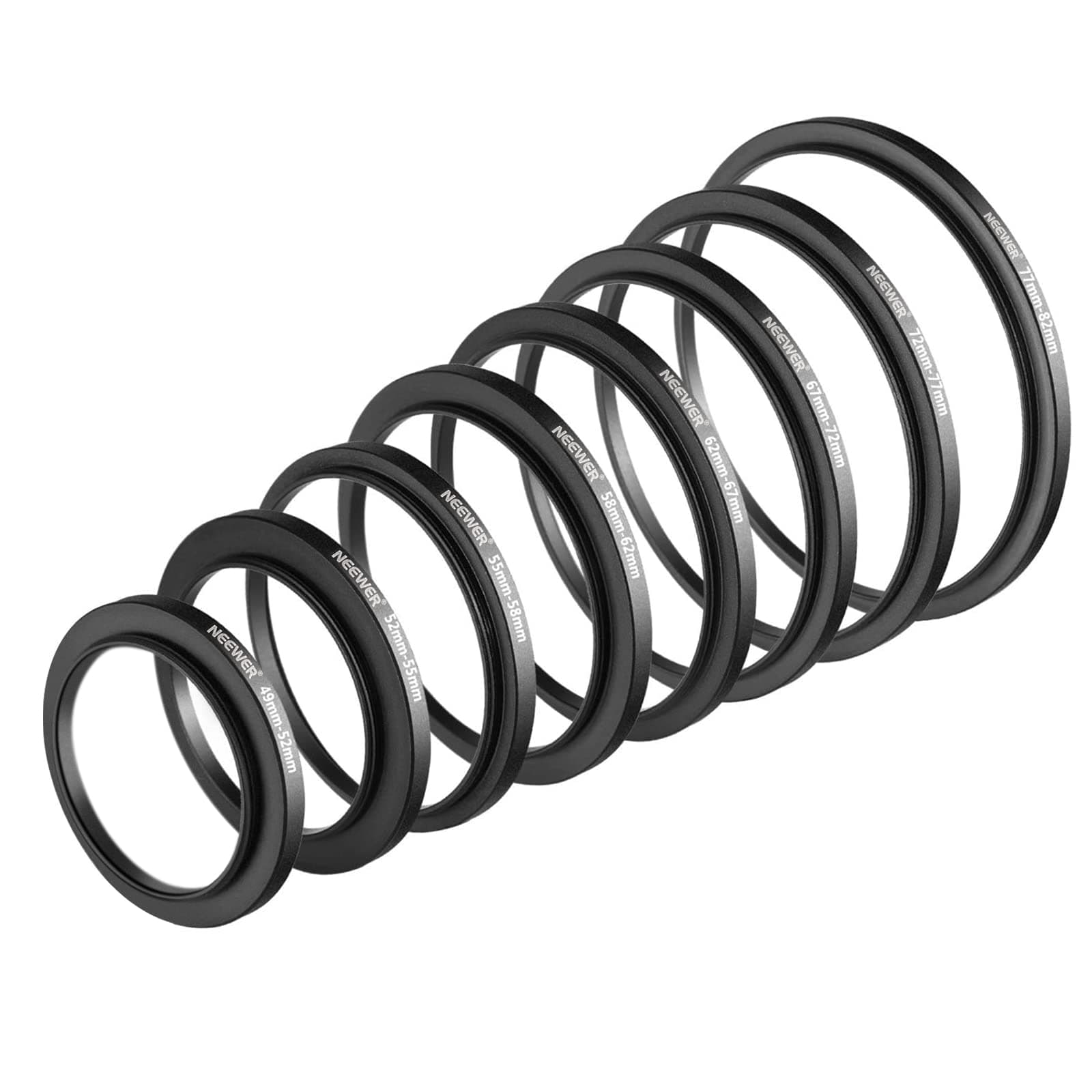 8 Pieces Step-up Adapter Ring Set Made of Premium Anodized Aluminum, includes: 49-52mm, 52-55mm, 55-58mm, 58-62mm, 62-67mm, 67-72mm, 72-77mm, 77-82mm-Black
