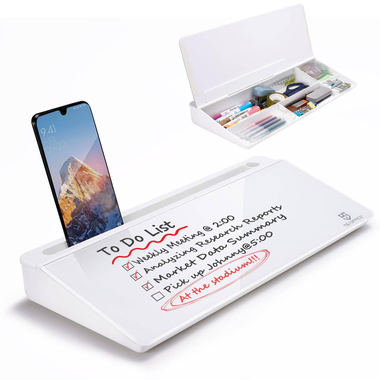 Small Desktop Whiteboard -Glass Dry Erase Board Computer Keyboard Stand White Board Surface Pad with Drawer, Desk Organizers with Accessories for Office, Home, School Supplies - White