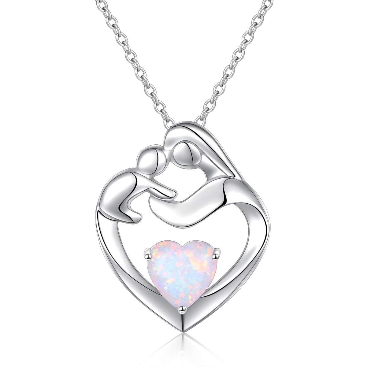 FLYOW Mothers Necklace 925 Sterling Silver Mother and Child Lab Opal Heart Pendant for Women Mother Daughter, Adjustable Hug Necklace New Mum Gifts