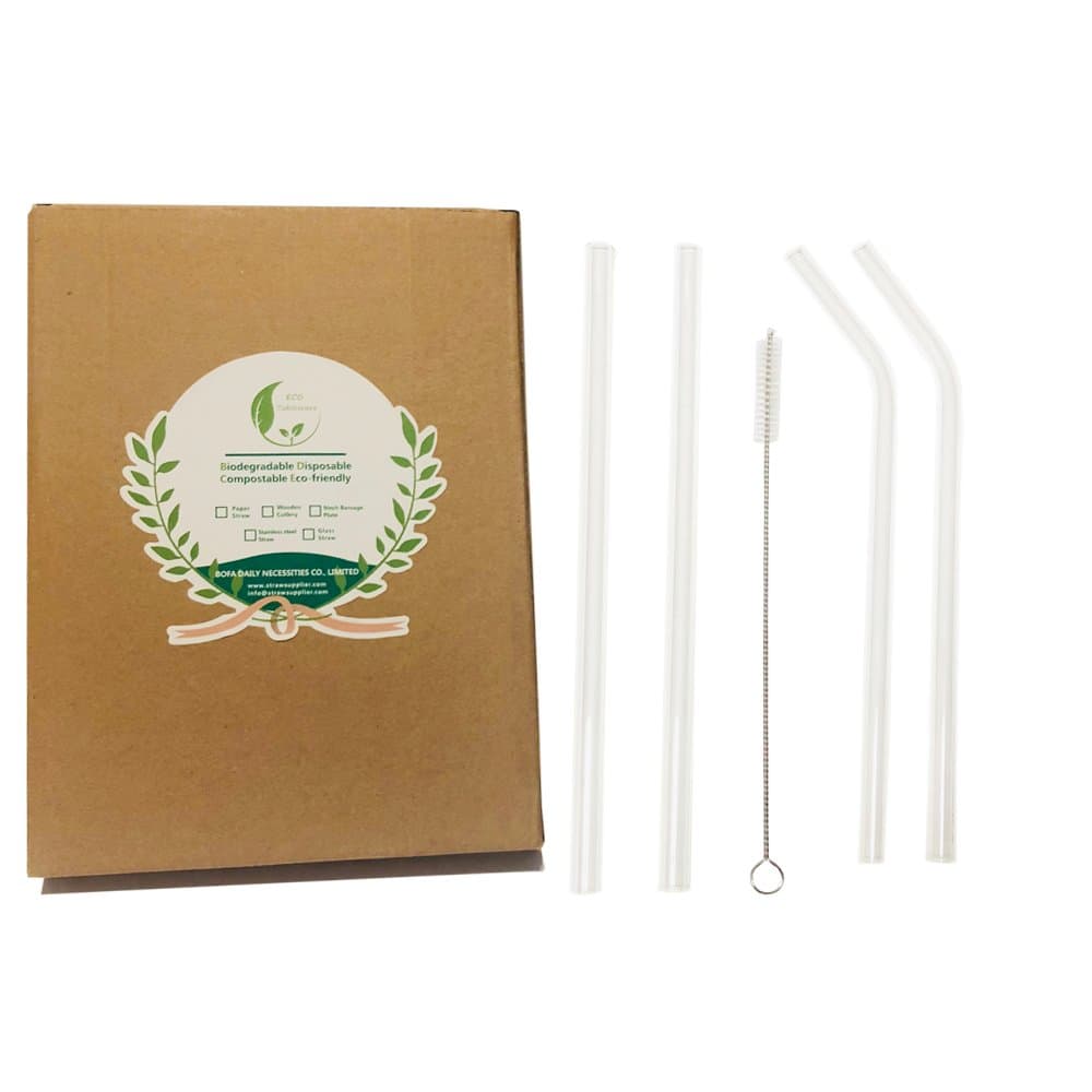 9'' Clear Glass Straws, 2 Straight Glass Straw +2 Bent Glass Straw with Cleaner 1, Safety Paper Box Packing, Transparency Milk Coffee Tea Drinking Straw
