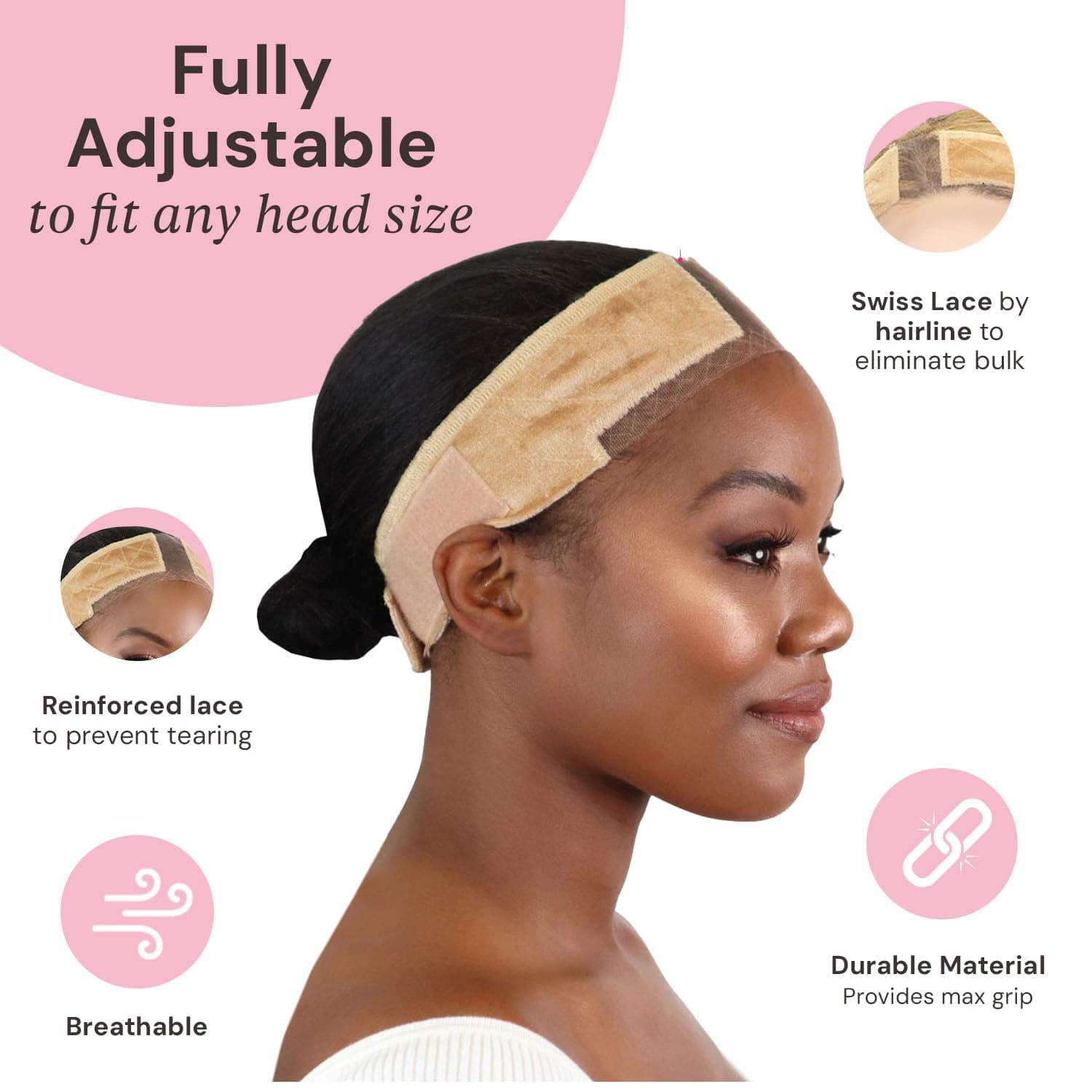 Milano Collection Whiglips, Premium Lace Wig Bands for Women, Fully Adjustable & Reinforced Lace Wig Grip Band by Hairline, Comfortable and Secure Glueless Velvet Headband, Nude