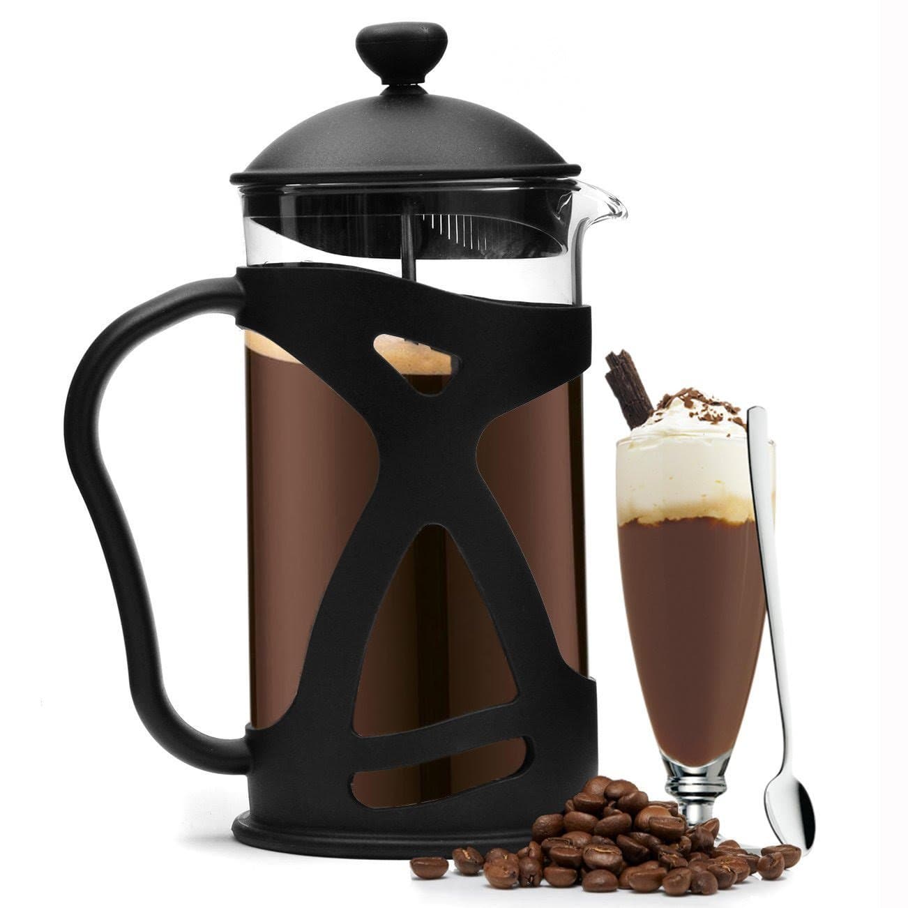 Large French Press Coffee Maker with Extra Filters for a Richer and Fuller Coffee Flavor, Designed with Double Wall Black Stainless Steel to Preserve Hot Coffee Temperature (34oz Glass)