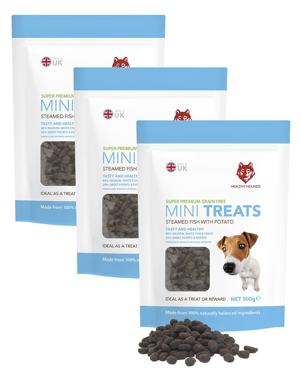 Healthy HoundsGrain Free Dog Training Treats 500g 80% Fresh Fish, 20% potatoes, sweet potato and gravy - 3 Tasty Packs - Contain Omega 3, 6, 9 for skin, coat and joints (3 x 500g)