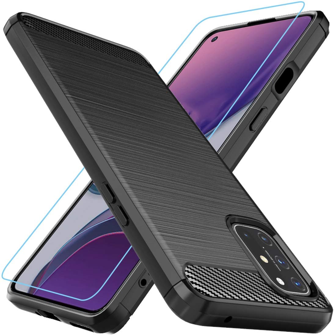 Cellular Phone Case for Oneplus 8T 5G, Shock-Absorption TPU Rubber Protective Cover with Screen Protector, Black