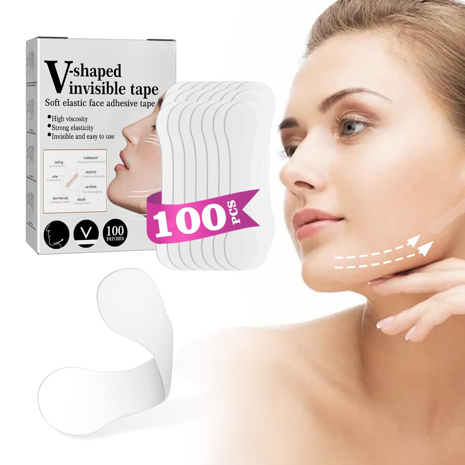 KASTWAVE Face Lift Tape, 100 PCS V-Line Face Tape Lifting Invisible, Face Lift Tools for Reducing Double Chin, Hiding Wrinkles and Lifting Saggy Skin