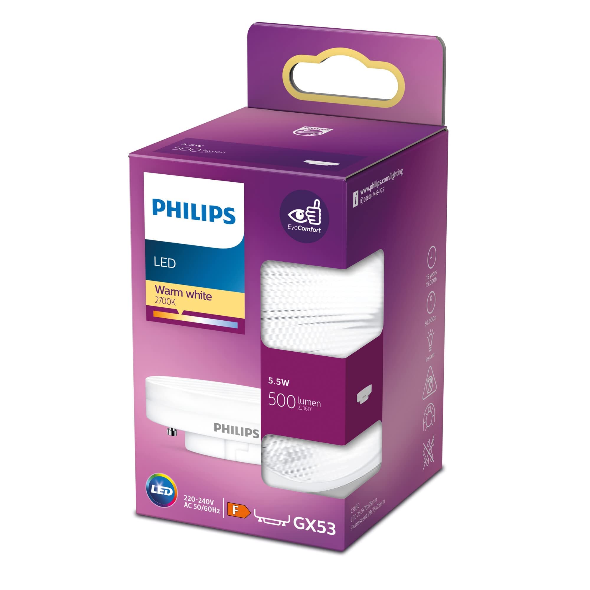 Philips LED Light Bulb Equivalent 500lm GX53 Warm White, Non-Dimmable, Plastic