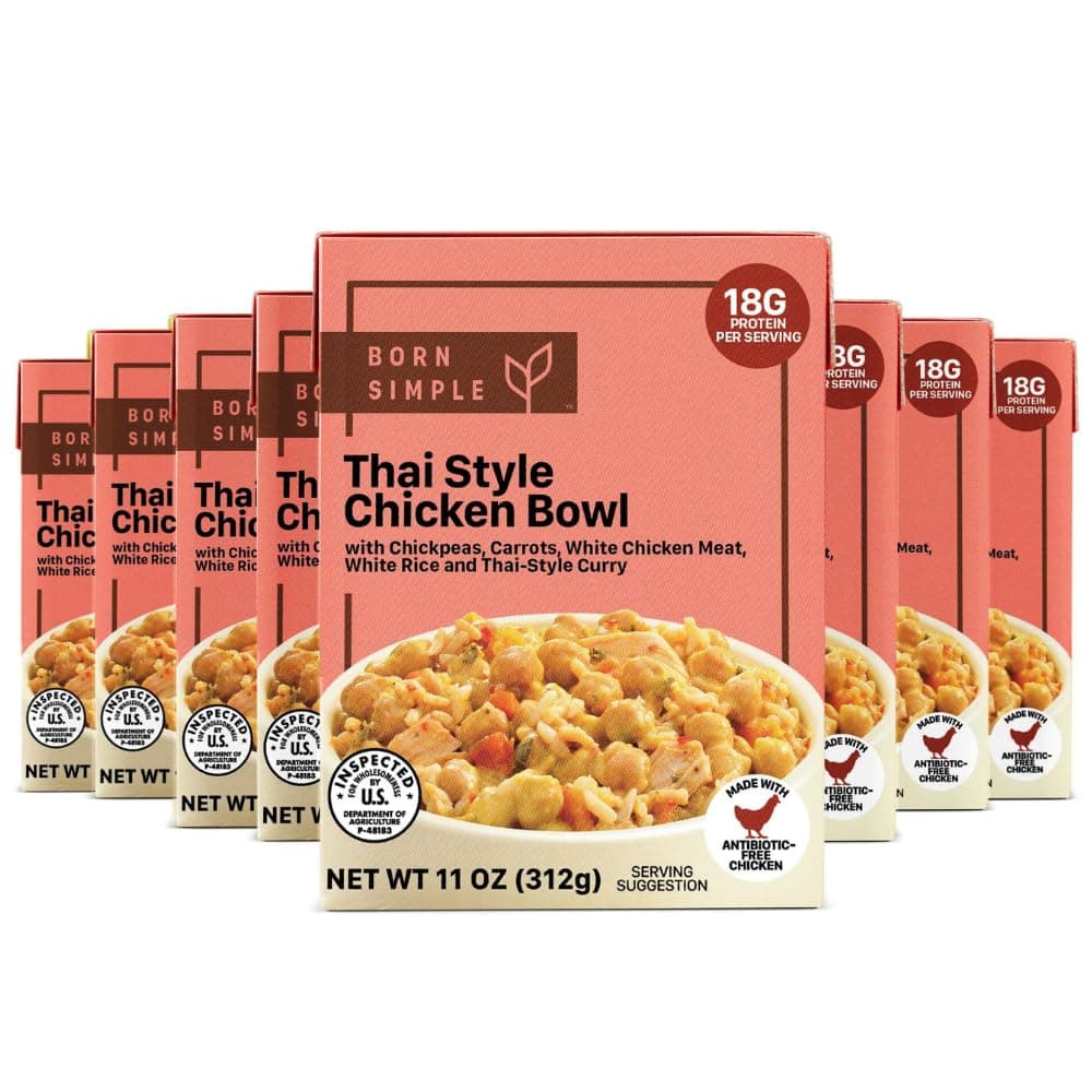 Born Simple Prepared Meals - Ready to Eat Thai Style Chicken Bowl | 18g Protein | 11 Oz (Pack of 8)