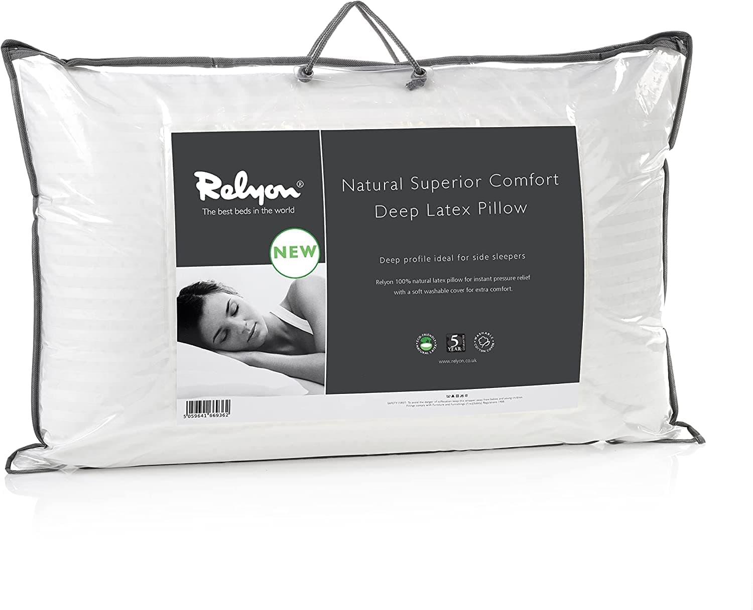 Superior Comfort 100% Natural Latex Pillow 100% Cotton Removable Cover (Deep), White