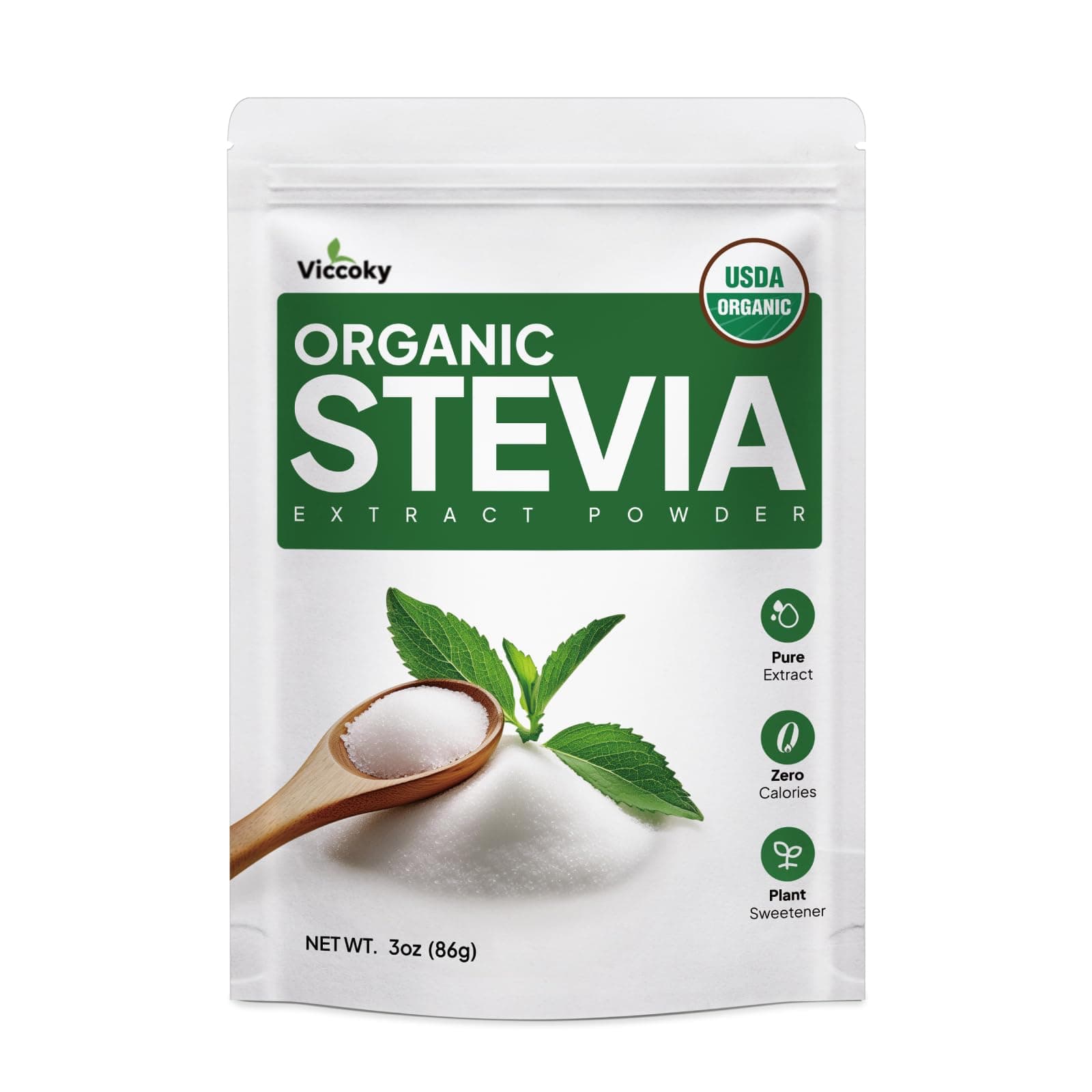 Viccoky Organic Stevia Powder 3oz (86g), Pure Stevia Extract Powder, Sugar-Free & 0 Calories, No Additives, Sugar Substitute, Natural Sweetener