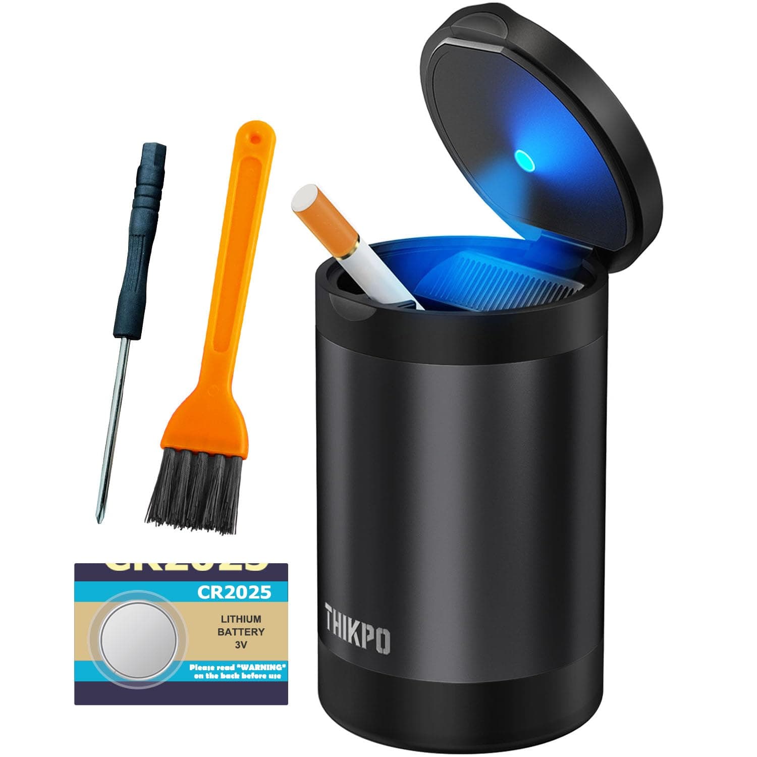 THIKPO Car Ashtray with Lid, Portable Ashtray for Car, Mini Car Trash Can, Detachable Stainless Steel Smokeless Ash Tray with LED Blue Light