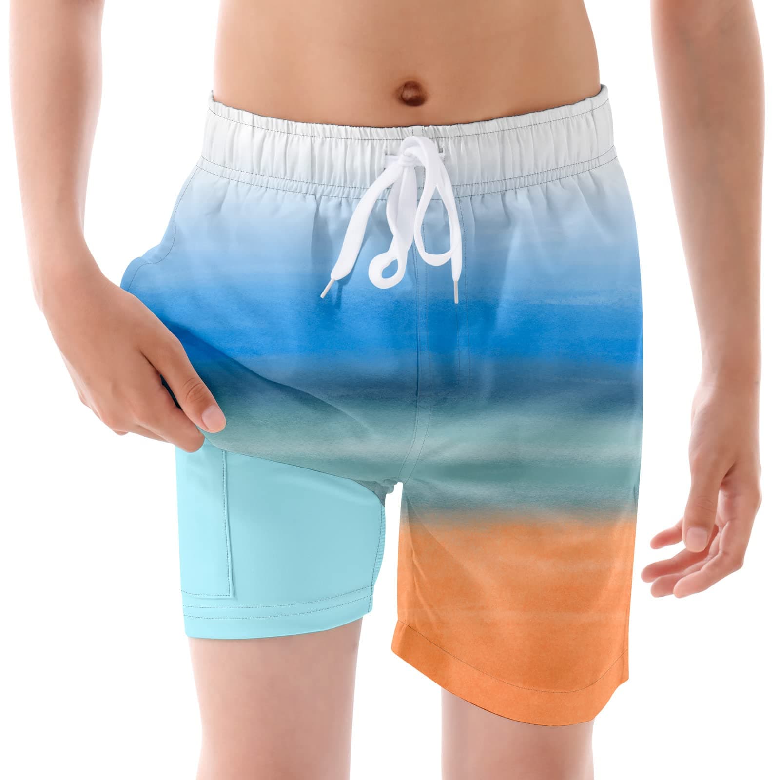 UNICOMIDEABoys Swim Trunks Compression Liner Swimming Shorts Quick Dry Boxer Brief Swimwear 7-20 Years Bathing Suit, Gradient Blue Orange, 14-16