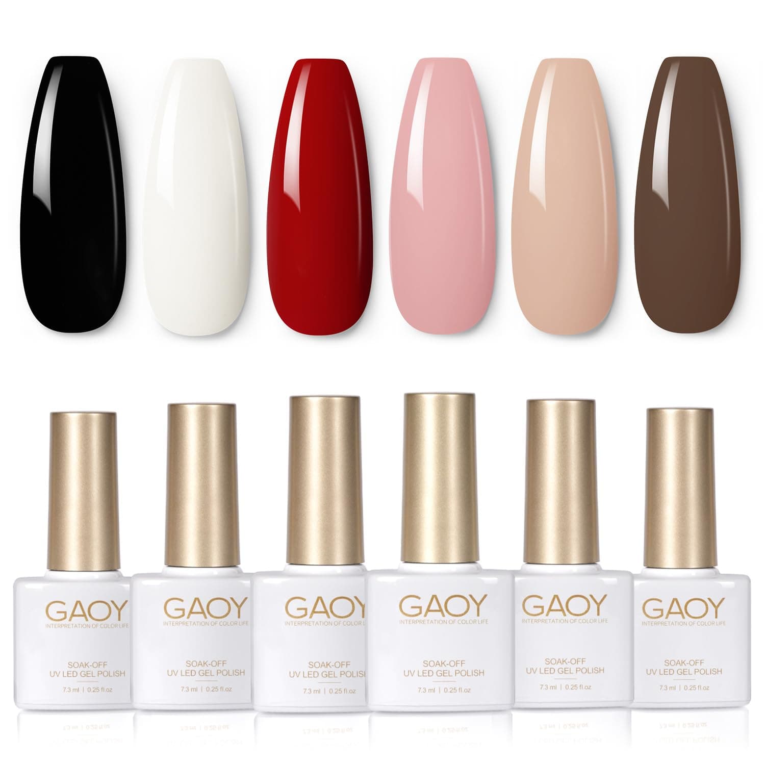 GAOY White Red Black Gel Nail Polish Set, 6 Colors Brown Pink Nude Soak Off UV Light Cure Gel Polish Kit for Salon and Nail Art DIY at Home
