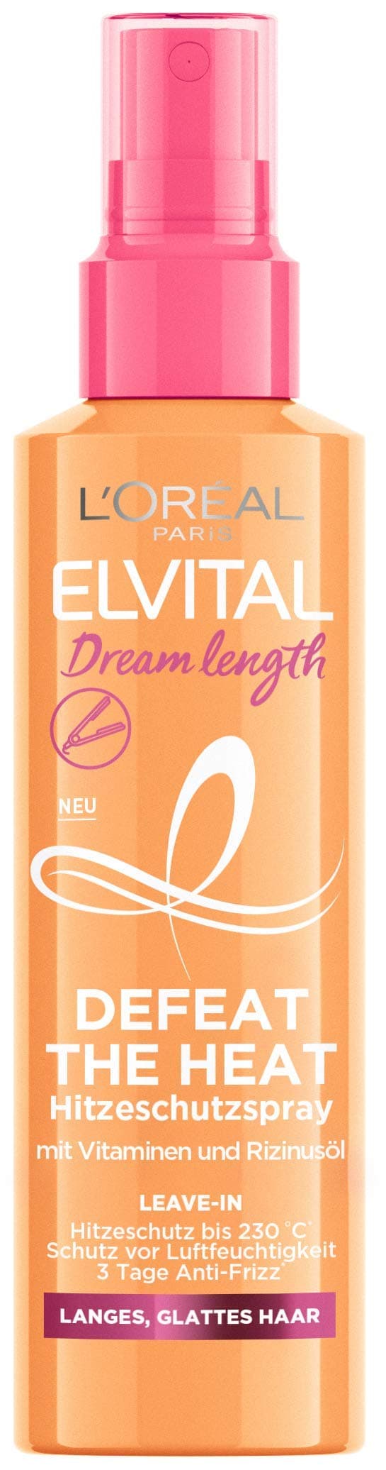 L’Oréal Paris Elvital Heat Protection Spray for Long, Smooth Hair, Leave-In Hair Treatment Against Frizz, Without Rinse, With Vitamins and Castor Oil, Dream Length Defeat The Heat, 1 x 150 ml