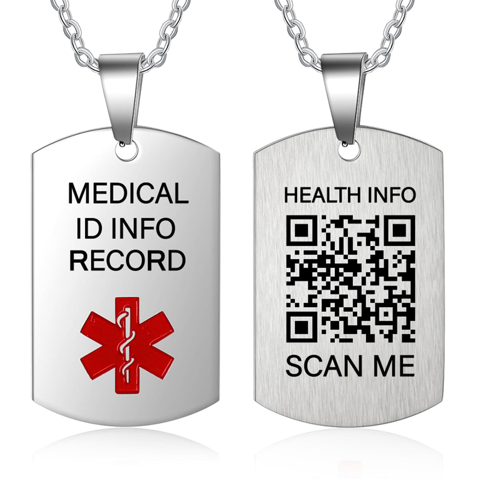 Medical Alert Necklace for Men Women - Stainless Steel ID Necklace With Engraved QR Code - Custom Online Emergency Info With More Space