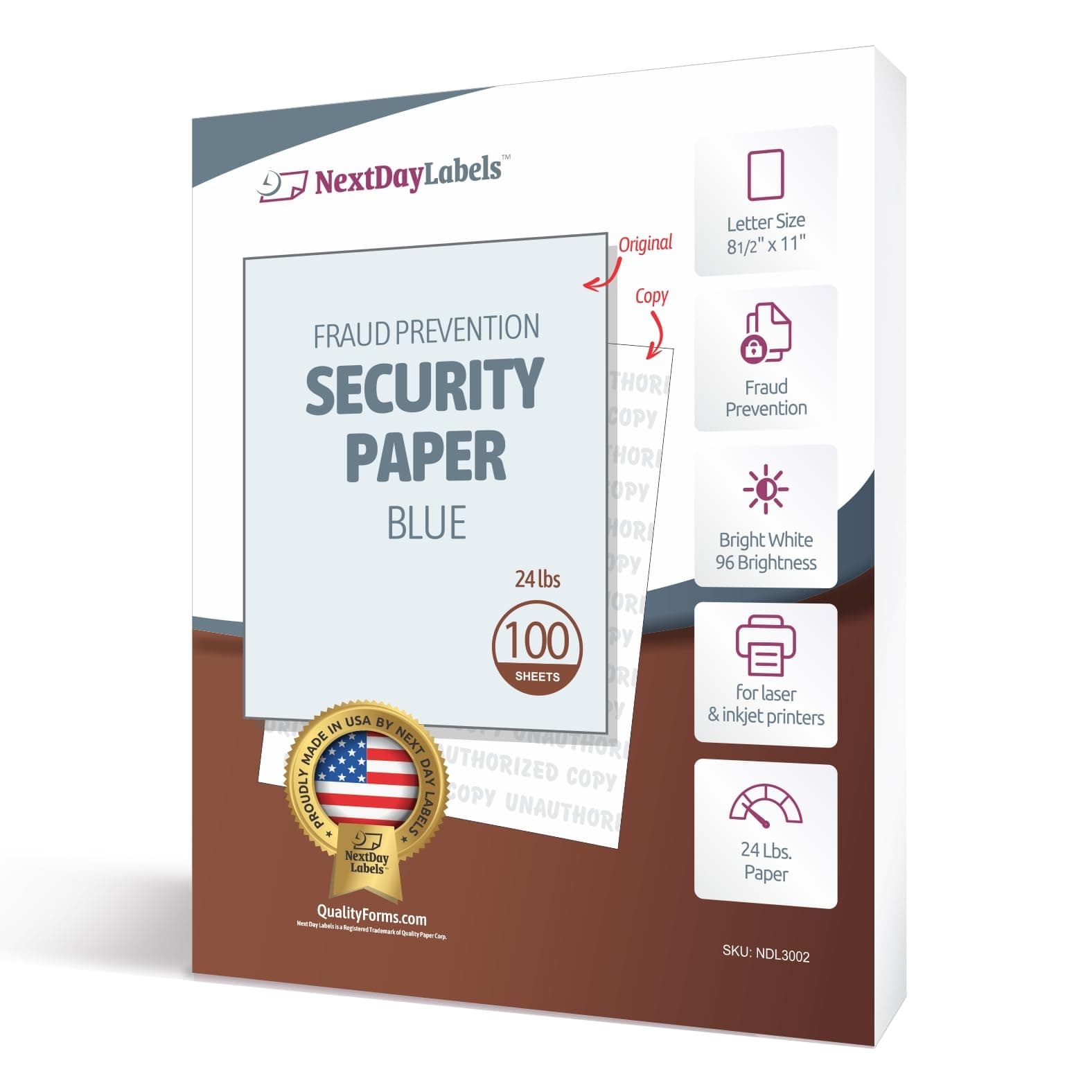 NextDayLabels Blue Security Paper – Multi-Purpose – UNAUTHORIZED COPY – Fraud Prevention – Laser & Inkjet Printer Compatible – 8.5" x 11“ – 24 lb – 100 Sheets
