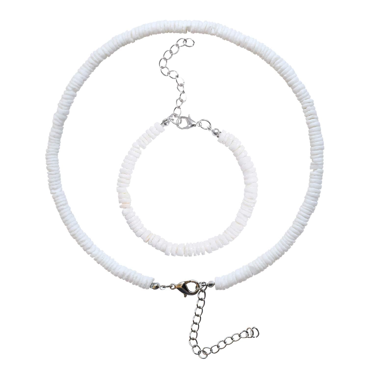 ASELFAD Round Puka Shell Necklace Clam Chips Seashell Choker Necklace White Sea Shell Necklace Bracelets Set Hawaiian Beach Necklaces for Women Men Girls Boys