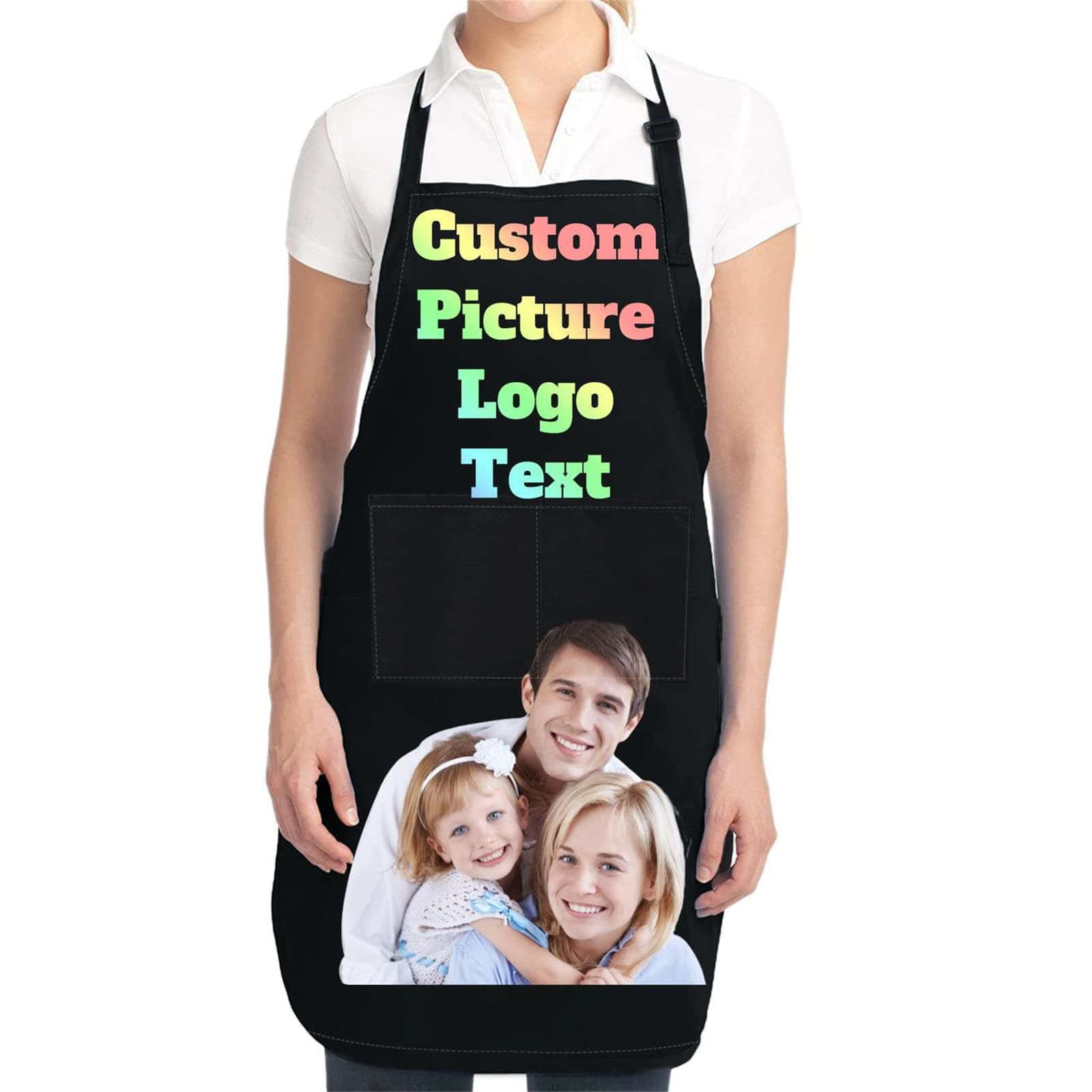 Custom Personalized Kitchen Aprons for Women Men with Pockets Customize Name Text Logo Photo Chef Cooking Apron