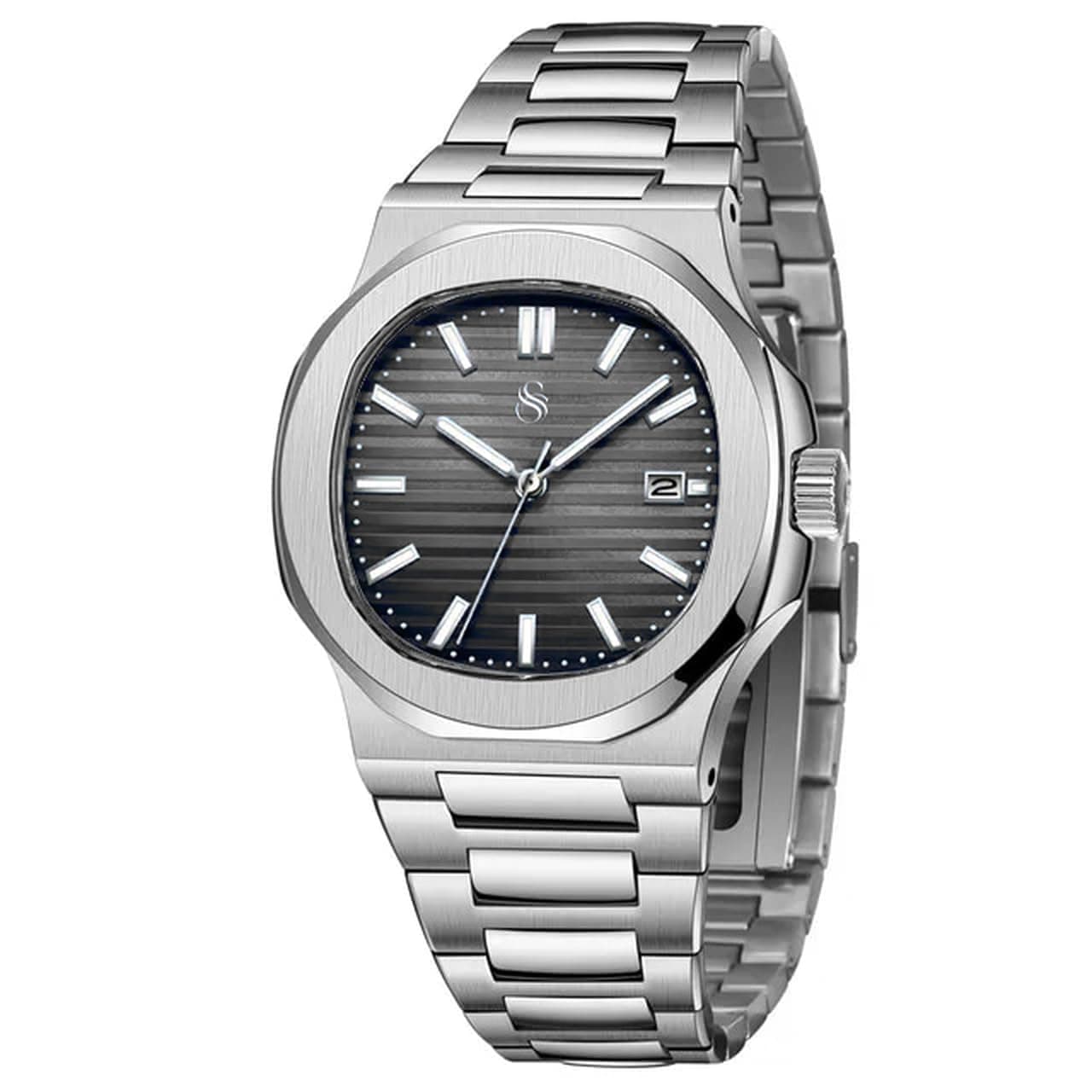 Shocknshop Silver Stainless Steel Analog Square Dial Date Display Wrist Watch for Men -PGNI85