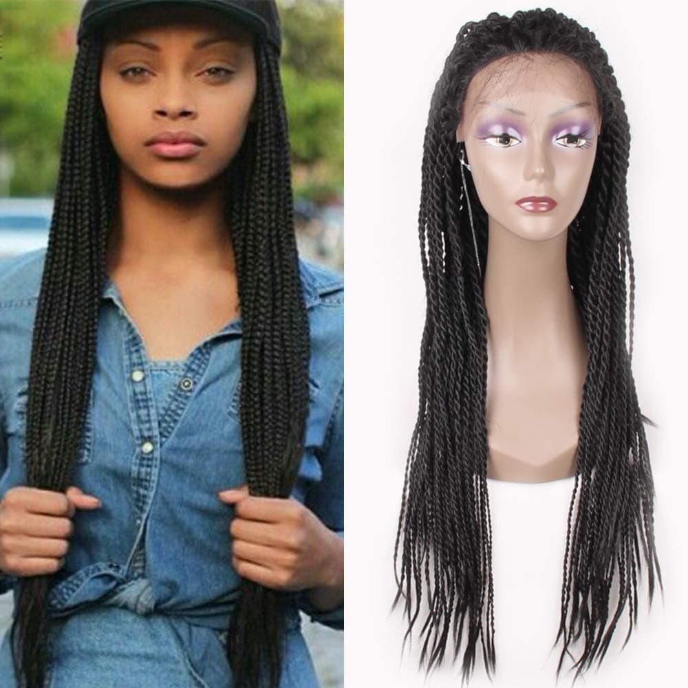 Jiayi Box Braided Lace Front Wigs Bob Style Full Braids with Natural Side Hand-tied Part Half Hand-made Braided Wigs for African American Women with Baby Hair for Daily Wear (1B)
