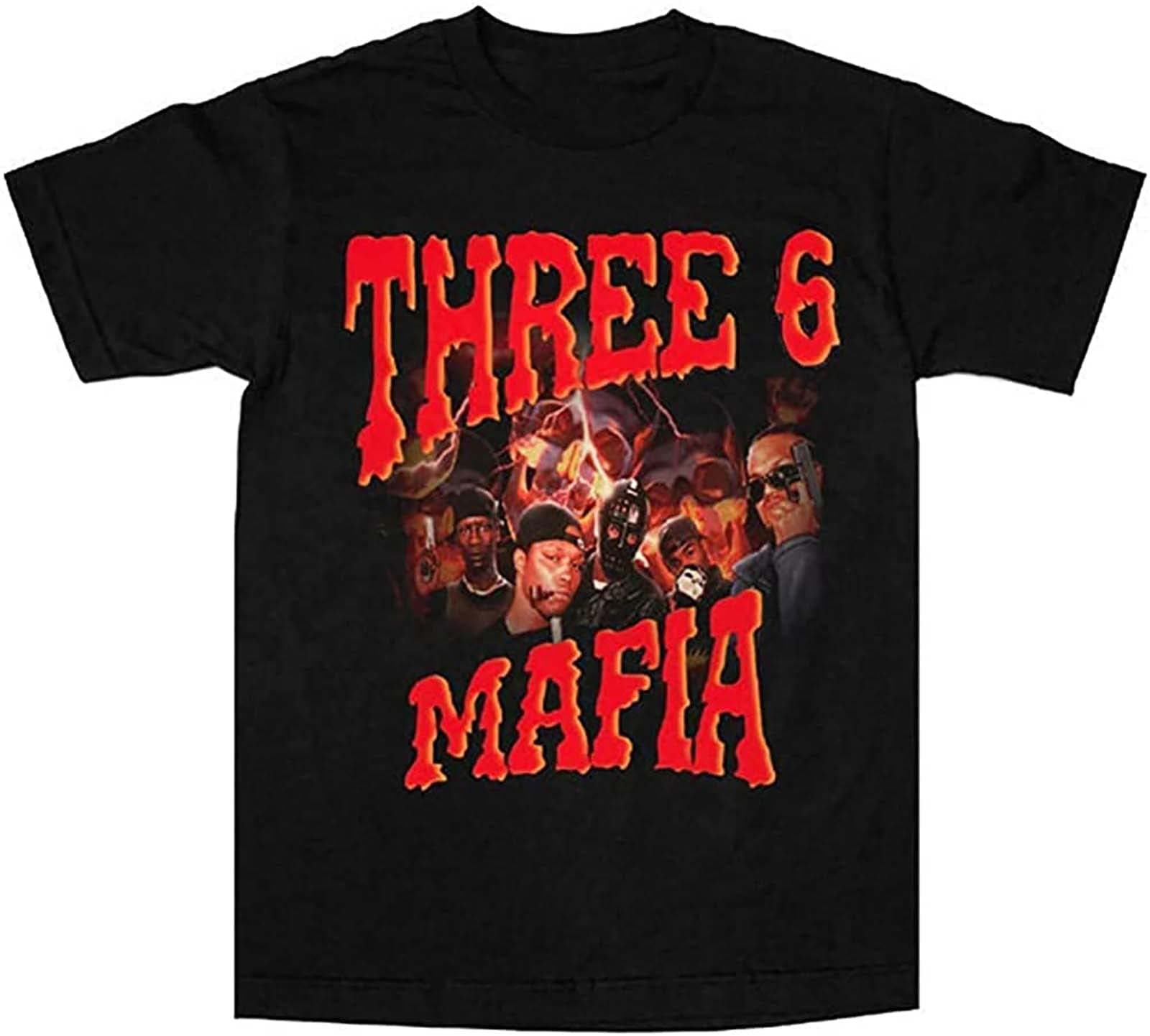 nevrAmerican Thrift Three Six Mafia T-Shirt Vintage Gift for Men Women Funny Tee Black Black XS